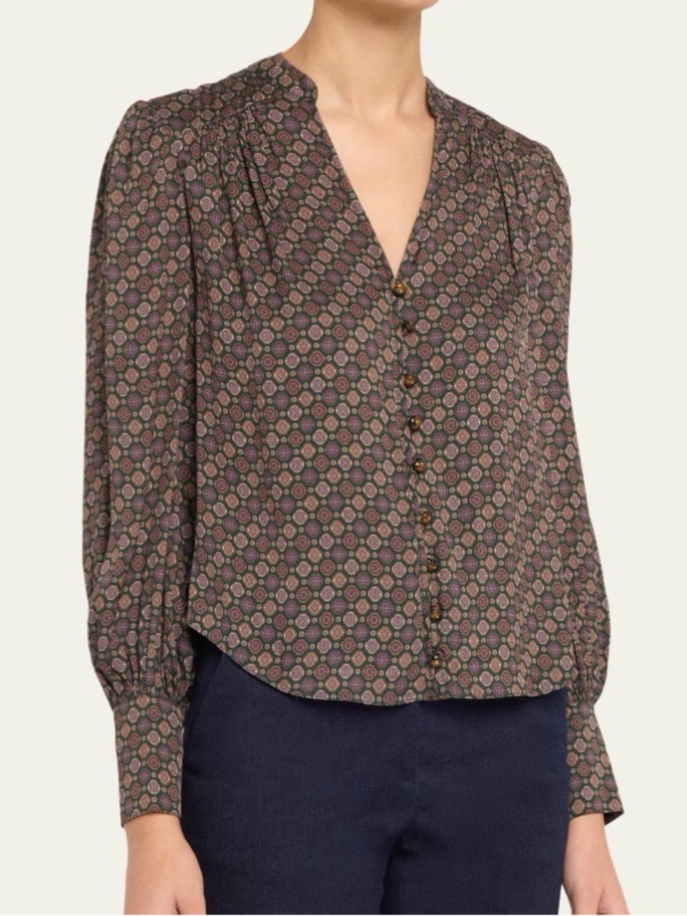 NWT Veronica Beard Esmeralda Silk Blend Geometric Pine Button-Down Blouse [TE]